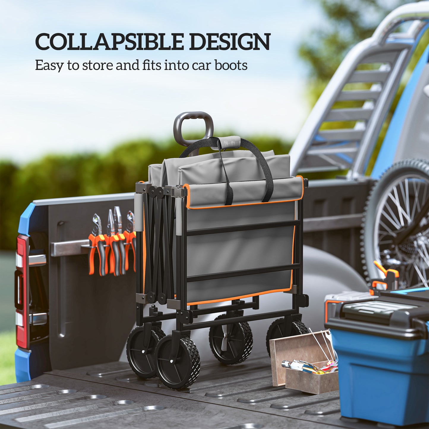 160L Festival Trolley on Wheels, Folding Camping Trolley Cart w/ Tailgate, 100kg Heavy Duty Garden Collapsible Folding Wagon w/Adjustable Handle, Carry Bag for Beach Picnic