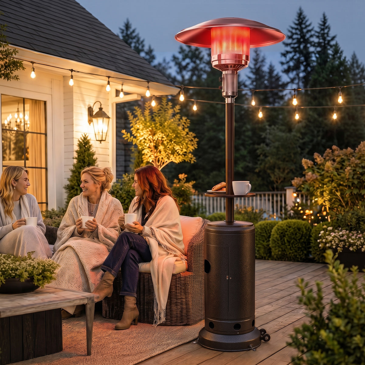 Outsunny Gas Patio Heater with Side Table | Brown Metal | 5-13kW Stepless | 30m² Coverage | Piezo Ignition | Tip-Over Protection | Propane Butane | 40cm Table | Tank Cabinet | 81x81x221cm