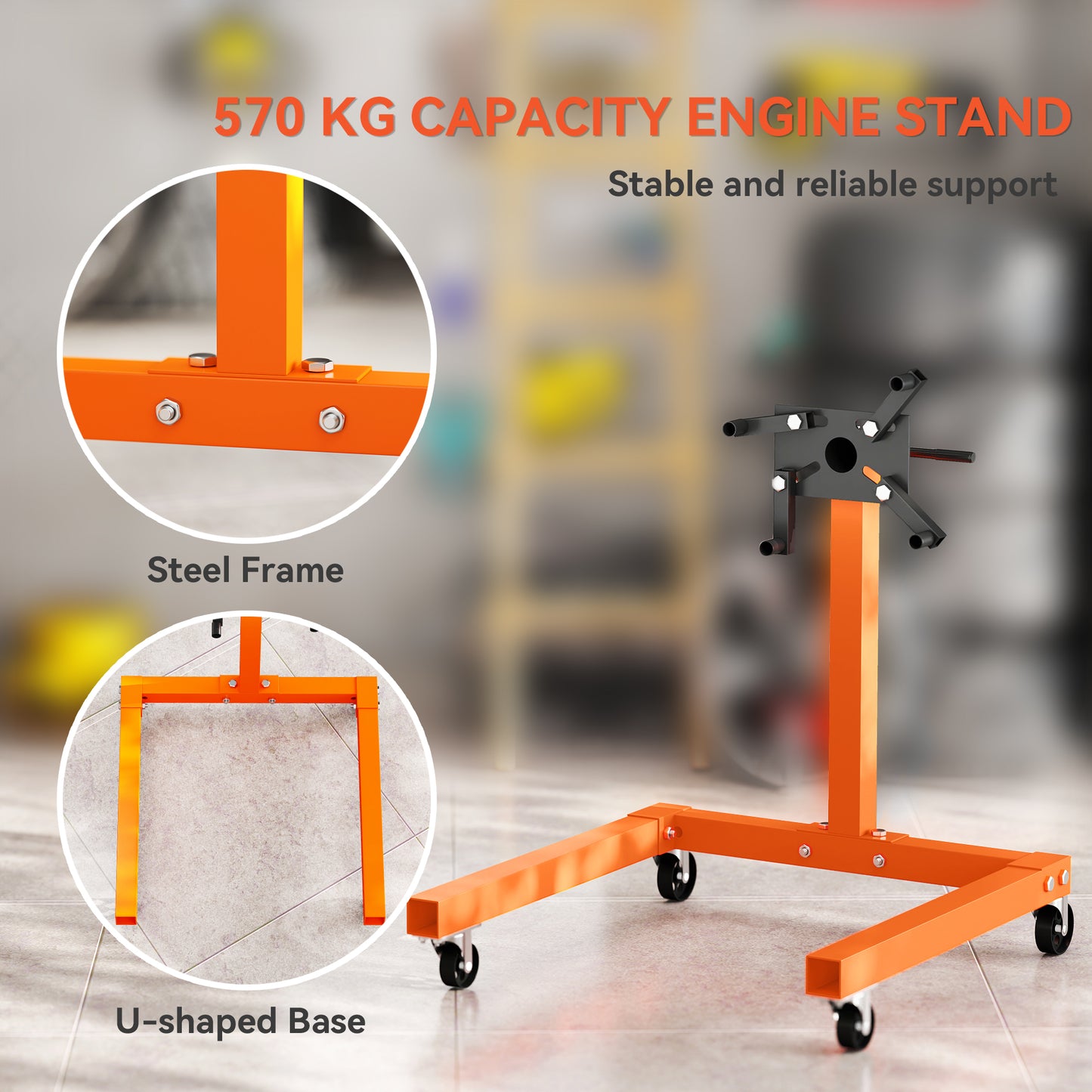 Engine Stand, 570 kg Rotating Engine Stand W/ 360 Degree Adjustable Head, 4 Mounting Arms, Heavy Duty, Universal Wheels for Garage Workshop Auto Repair
