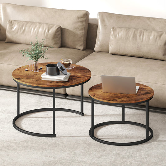 Coffee Table Set of 2, Round Nest of Tables with Metal Frame, Modern Side Tables for Living Room, Rustic Brown