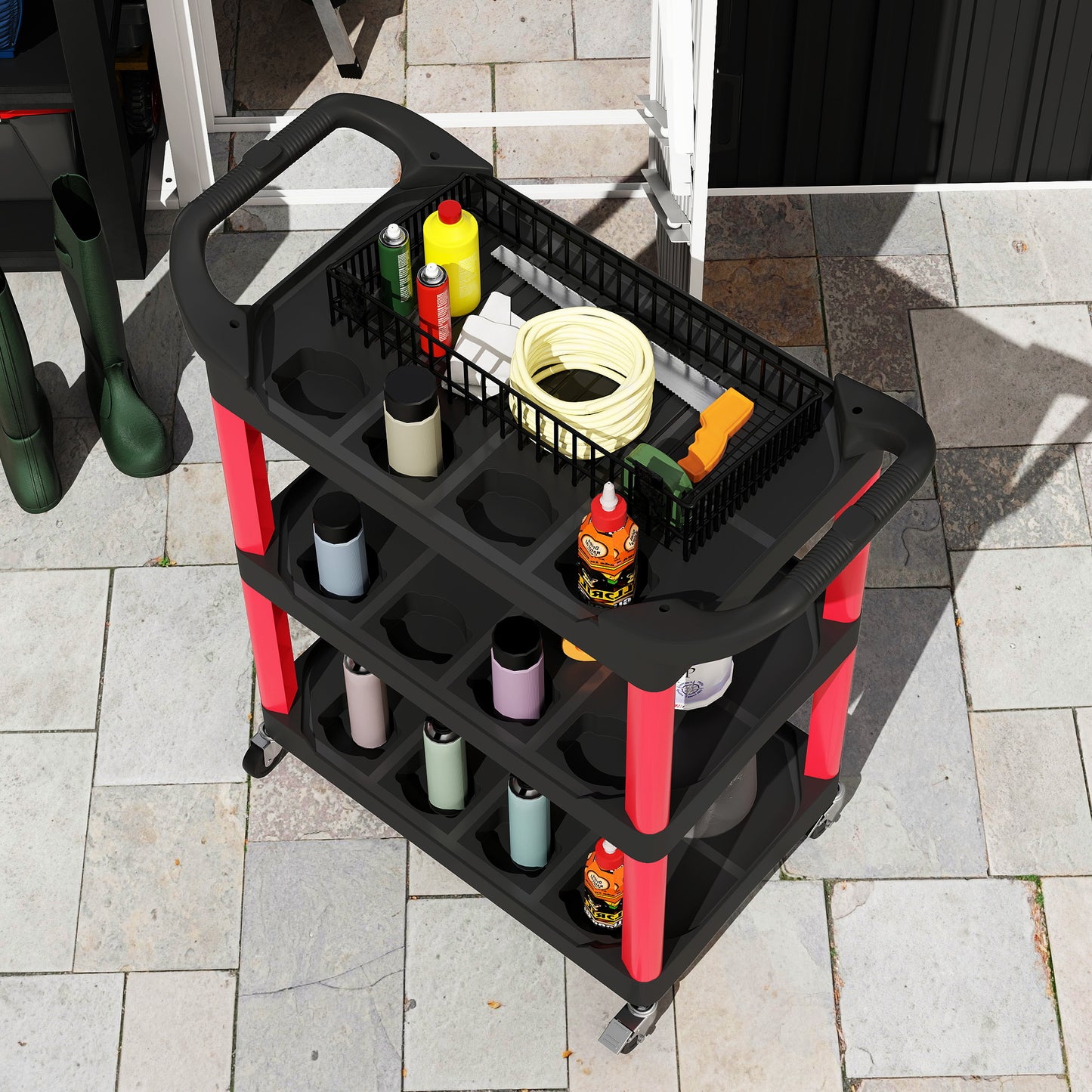 3-Tier Rolling Tool Cart, Tool Trolley on Wheels, Plastic Mobile Service Utility Cart W/ Handles for Garage, Mechanics and Warehouse, 91kg Capacity