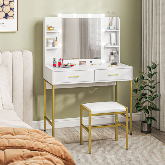 Dressing Table with Lighted Mirror, Cushioned Stool, Drawers, Shelves, Makeup Vanity Desk Set, Modern Dresser Vanity Table for Bedroom, White
