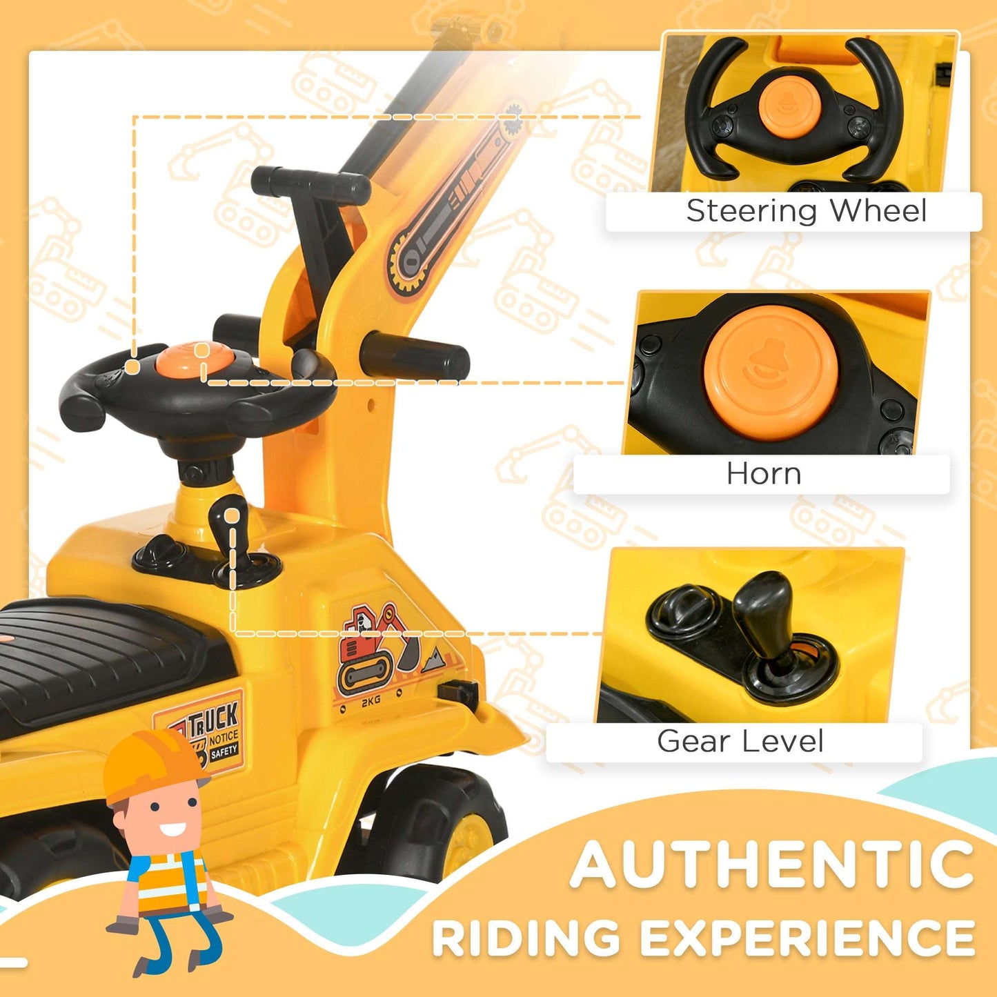 2 in 1 Toddler / Kids Ride On Tractor Pull Cart with Bucket, Under Seat Storage, Horn, High Backrest, for 1.5-4 Years Old, Yellow