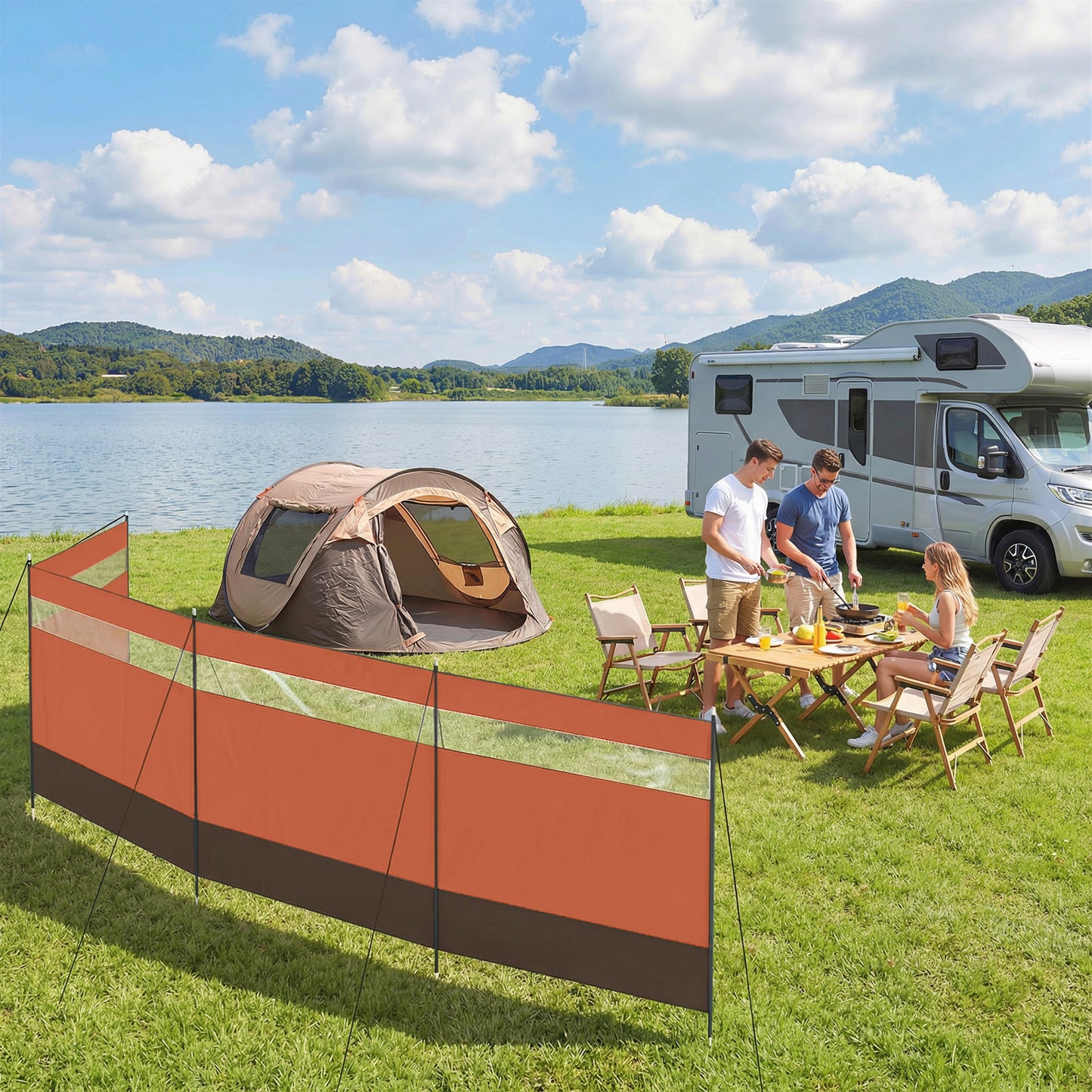 Camping Windbreaker with Clear Windows | 725x140cm | Steel Poles | 15 Stakes & 10 Guy Ropes | Beach & Caravan | Orange