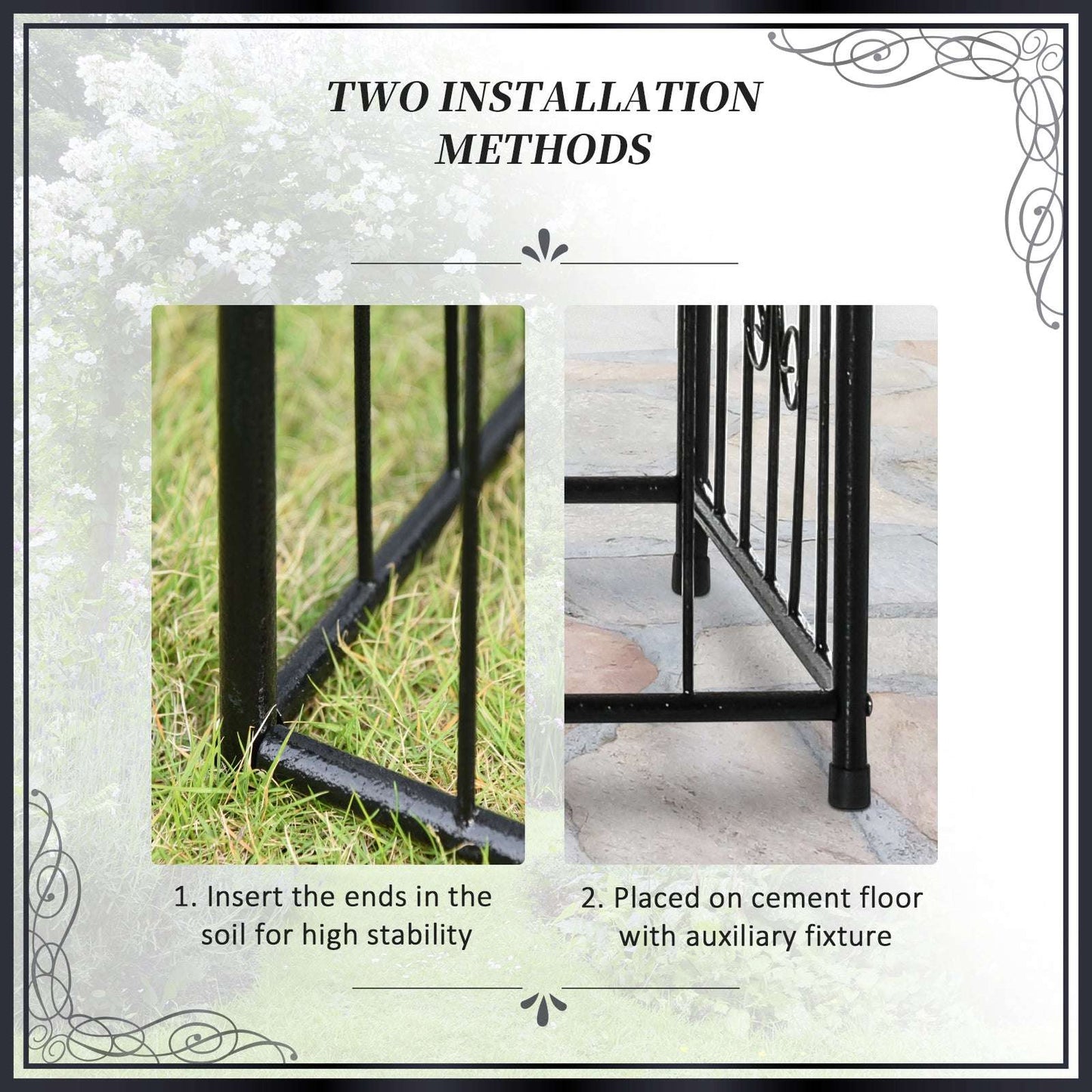 Outsunny Metal Garden Arbor Arch with Double Doors, 2 Side Planter Baskets, Climbing Vine Frame, Black