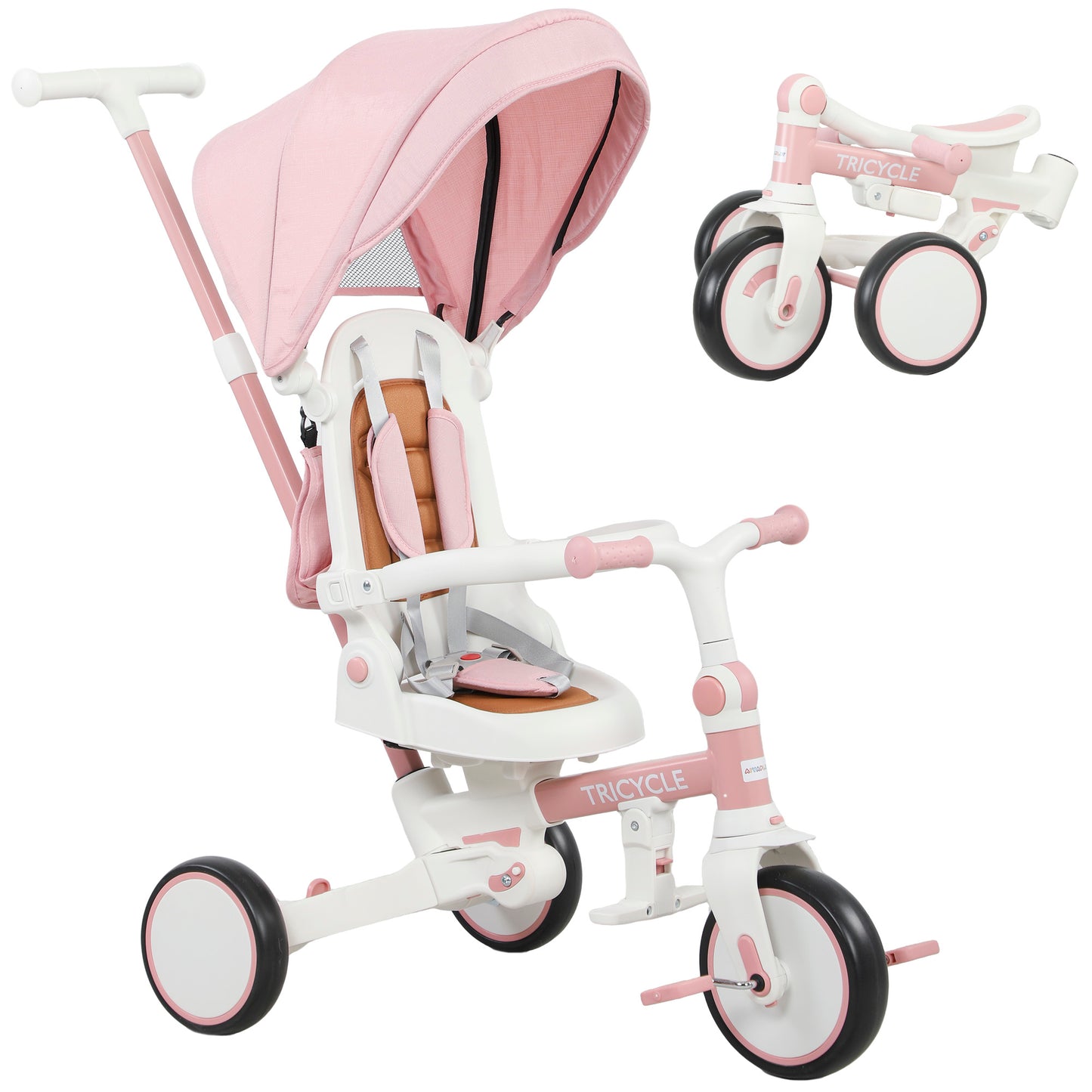 AIYAPLAY 5 in 1 Kids Trike with Adjustable Backrest, Toddler Tricycle with Push Handlebar, Adjustable Backrest