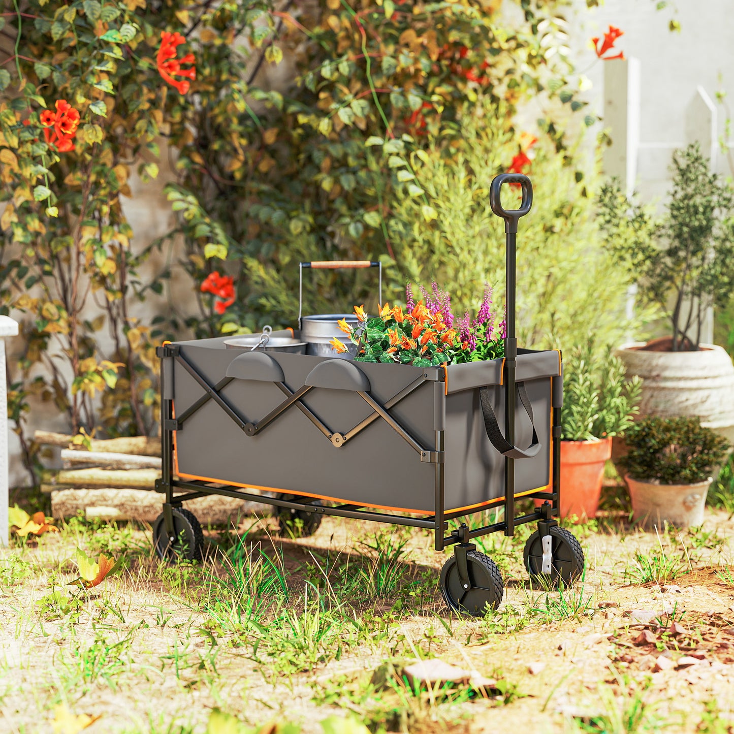 160L Festival Trolley on Wheels, Folding Camping Trolley Cart w/ Tailgate, 100kg Heavy Duty Garden Collapsible Folding Wagon w/Adjustable Handle, Carry Bag for Beach Picnic