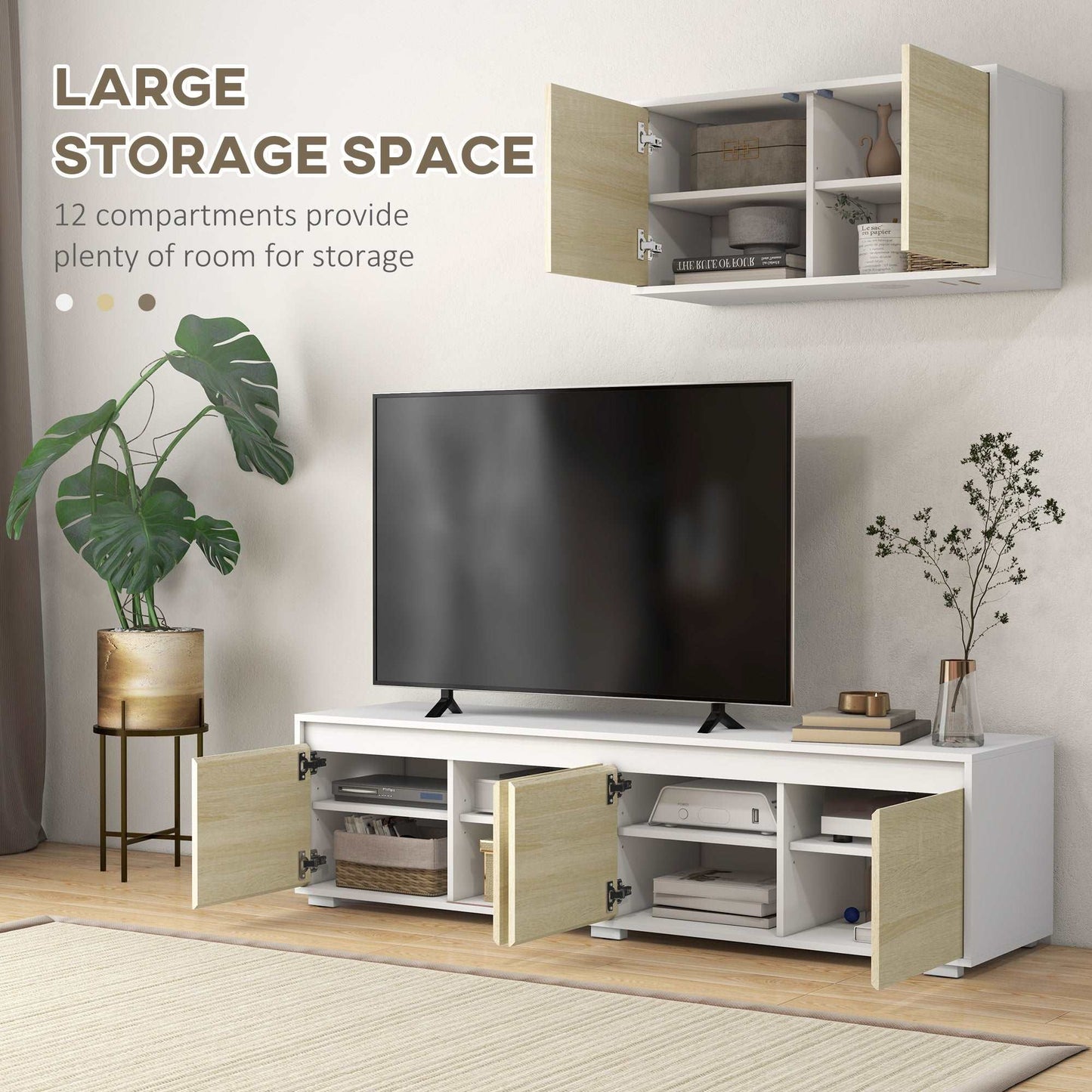 2 Pieces TV Unit Set with Wall Cabinet, Freestanding Unit for 70-inch TVs, Wall Mounted Storage Cupboard, with Adjustable shelves