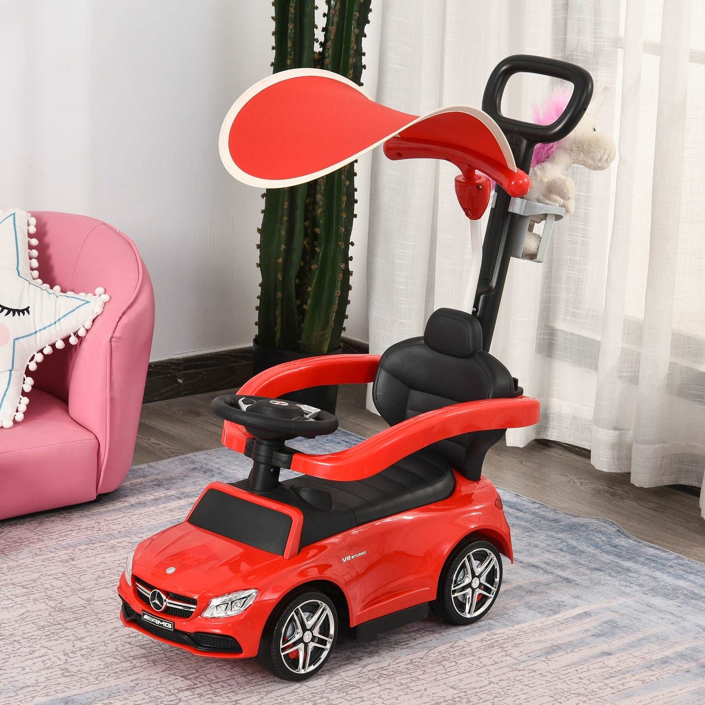 3 in 1 Ride On Push Along Car Mercedes Benz for Toddlers Stroller Sliding Walking Car with Sun Canopy Horn Safety Bar Cup Holder Ride on Toy