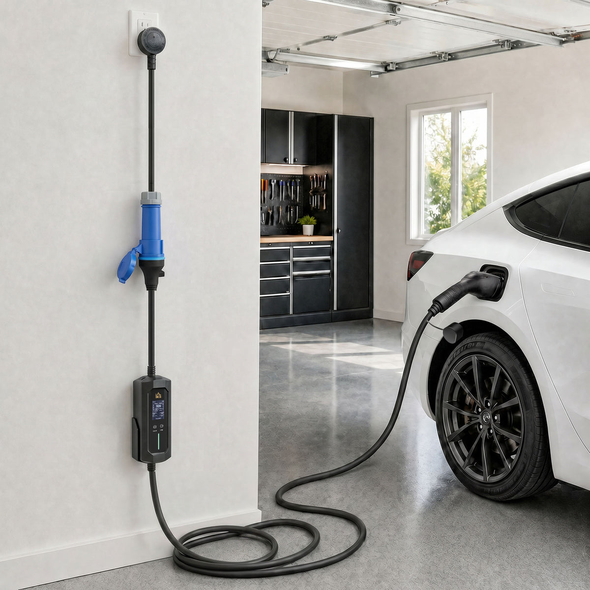 7kW Type 2 EV Charger | 10m IP65 TPU Cable | 6-32A Adjustable | LCD Display | 1-12h Delay Timer | ST MCU Chip | 2.8kW UK Plug Adapter | CE RoHS | -30°C to +50°C | Black