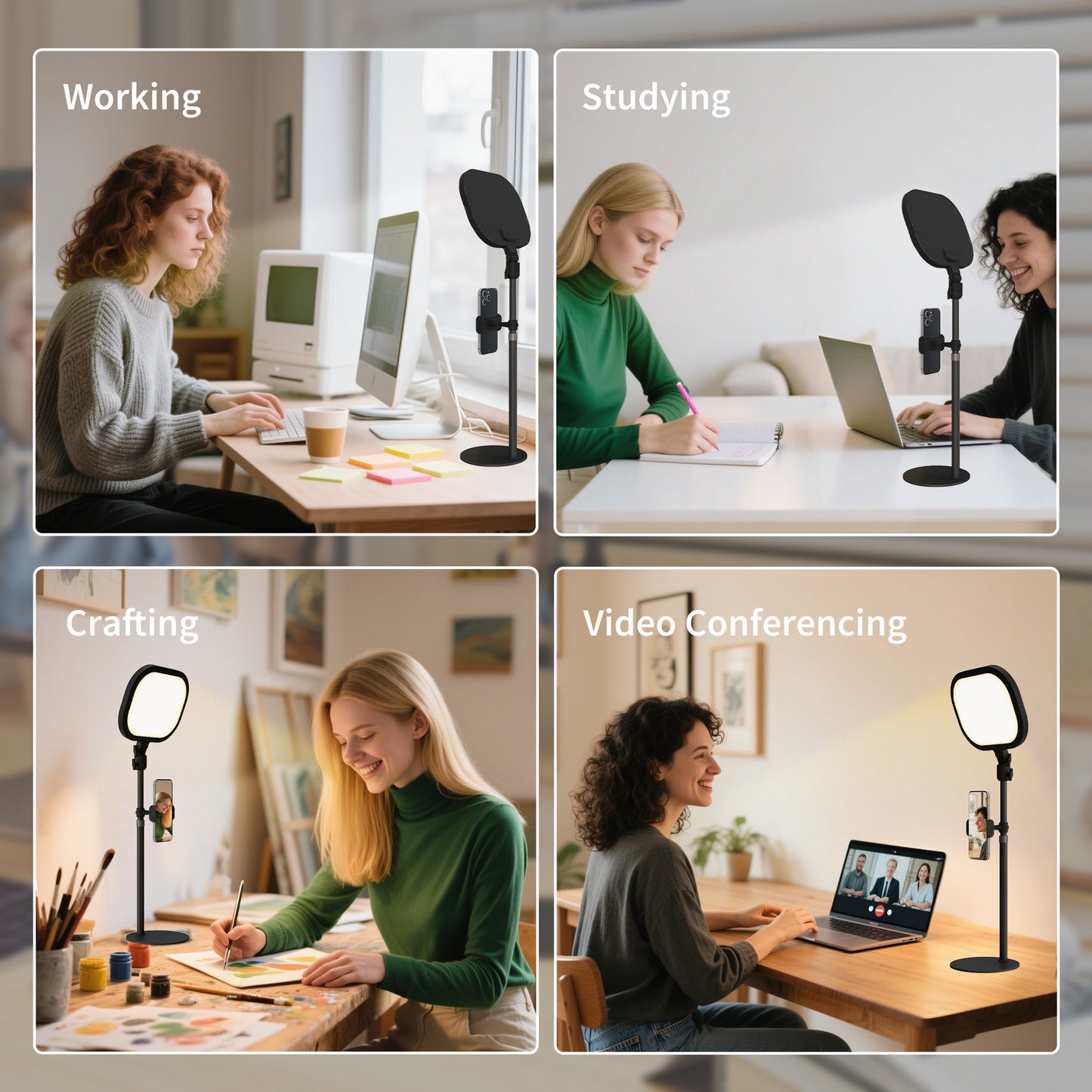 Selfie Light for Video Conference Lighting, Dimmable Desk Lamp with Stand Phone Holder, 5 Colour Modes & 10 Brightness Levels, Memory Function Recording, Video Calls