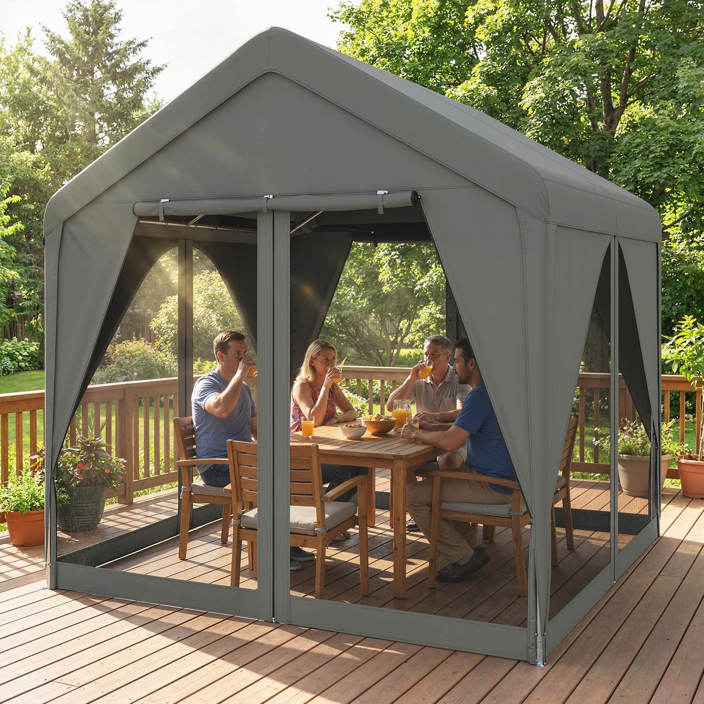 3x3m Garden Gazebo | Dual-Layer Sidewalls | Mesh Netting & Curtains | UV30+ PVC-Coated Apex Roof | 2 Roll-Up Doors & 2 Side Doors | Galvanised Steel Frame | Seats 6-9 | 295x300x278cm | Dark Grey