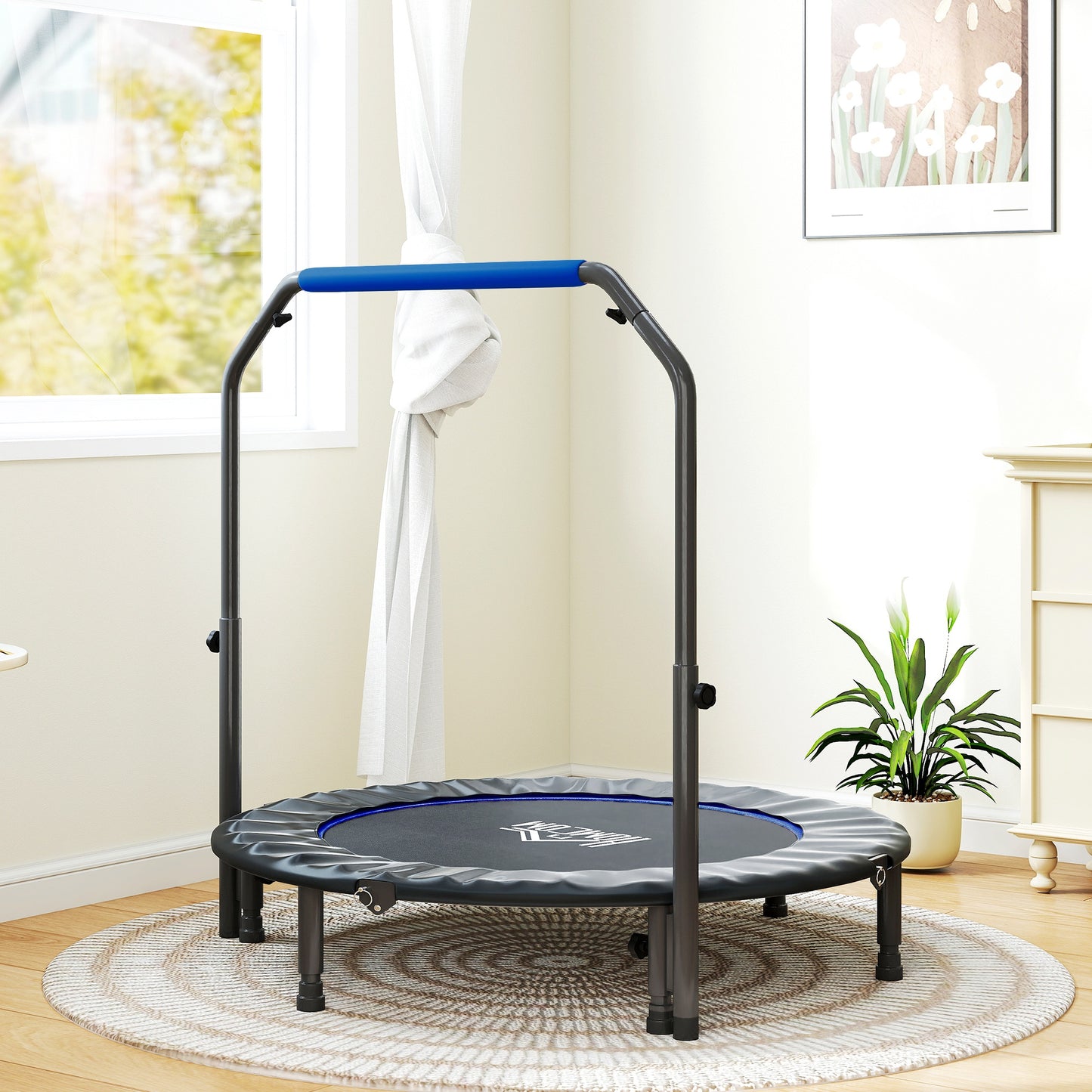 48" Foldable Mini Fitness Trampoline, with Adjustable Foam Handle, Blue / Pink / Orange