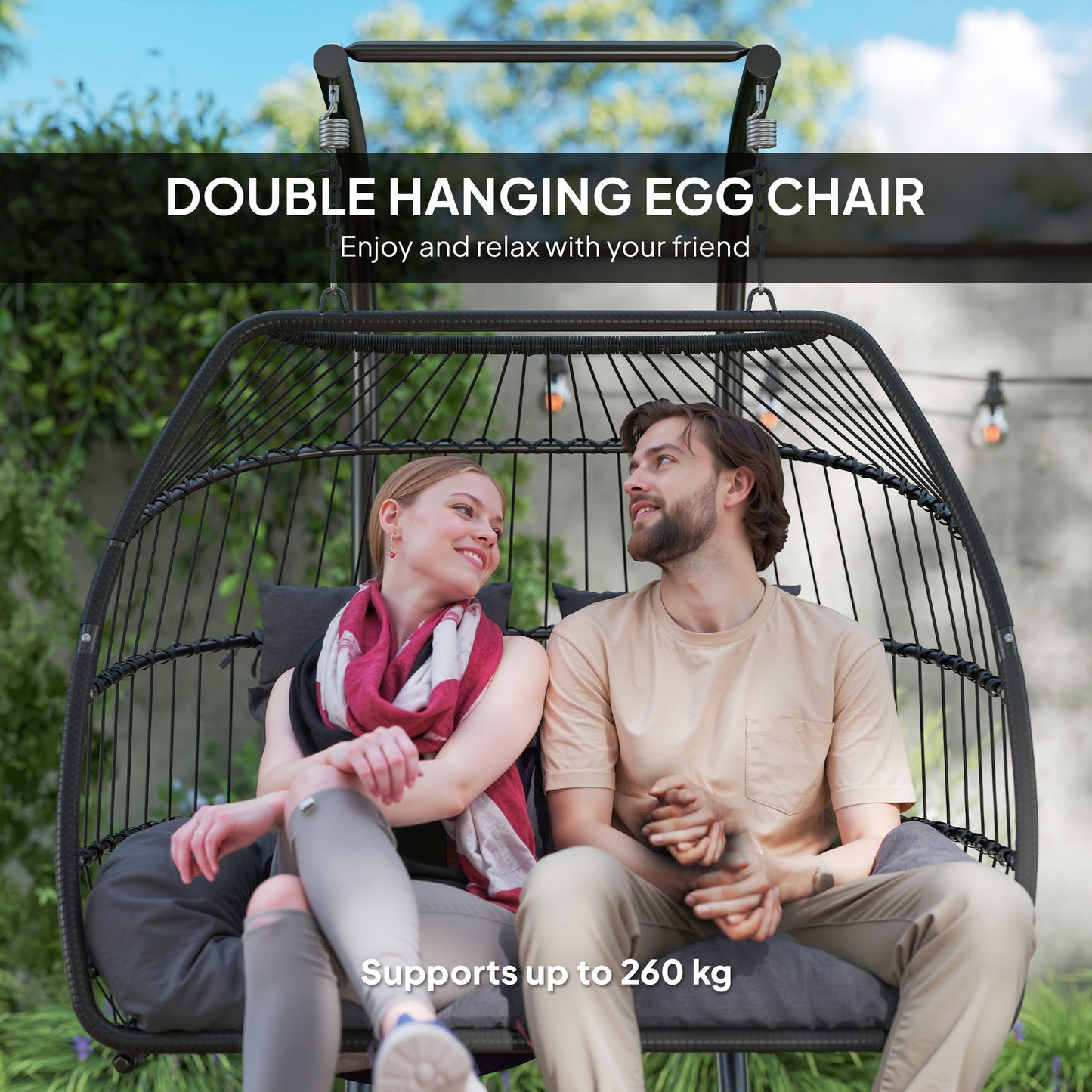 Outsunny Rattan Double Hanging Egg Chair with Stand, Foldable Wicker Swing Egg Chair with Cushion, Head Pillows, Steel Frame, Hammock Chair for Indoor Outdoor