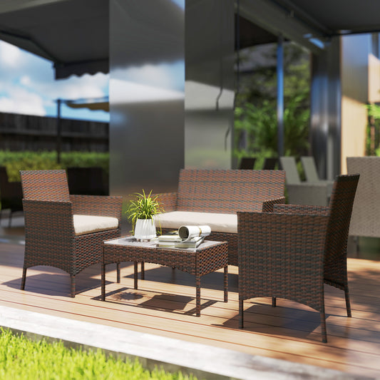 4-Piece PE Rattan Garden Sofa Set | Loveseat | 2 Armchairs | Tempered Glass Coffee Table | Powder-Coated Steel Frame | 2000h UV-Resistant PE Rattan | 5cm Zip Cushions | Protective Foot Pads | 240kg Loveseat Capacity | Brown