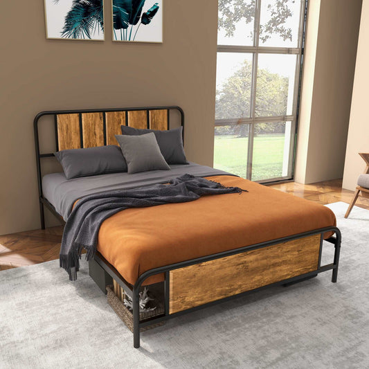 25.5cm Retro Double Bed Frame, Industrial Bed Base with Headboard, Footboard, Steel Slat Support and Under Bed Storage, 145 x 199cm, Rustic Brown
