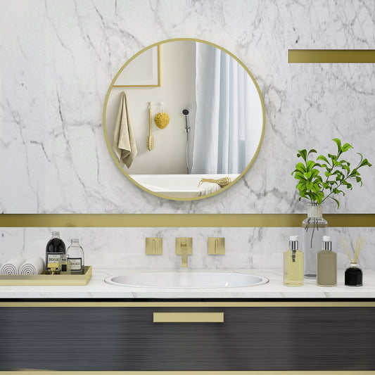 Round Bathroom Mirror, Modern Wall-mounted Vanity Mirror W/ Aluminium Frame, Easy Install Hook for Living Room, Entryway, 60 x 60cm, Gold Tone