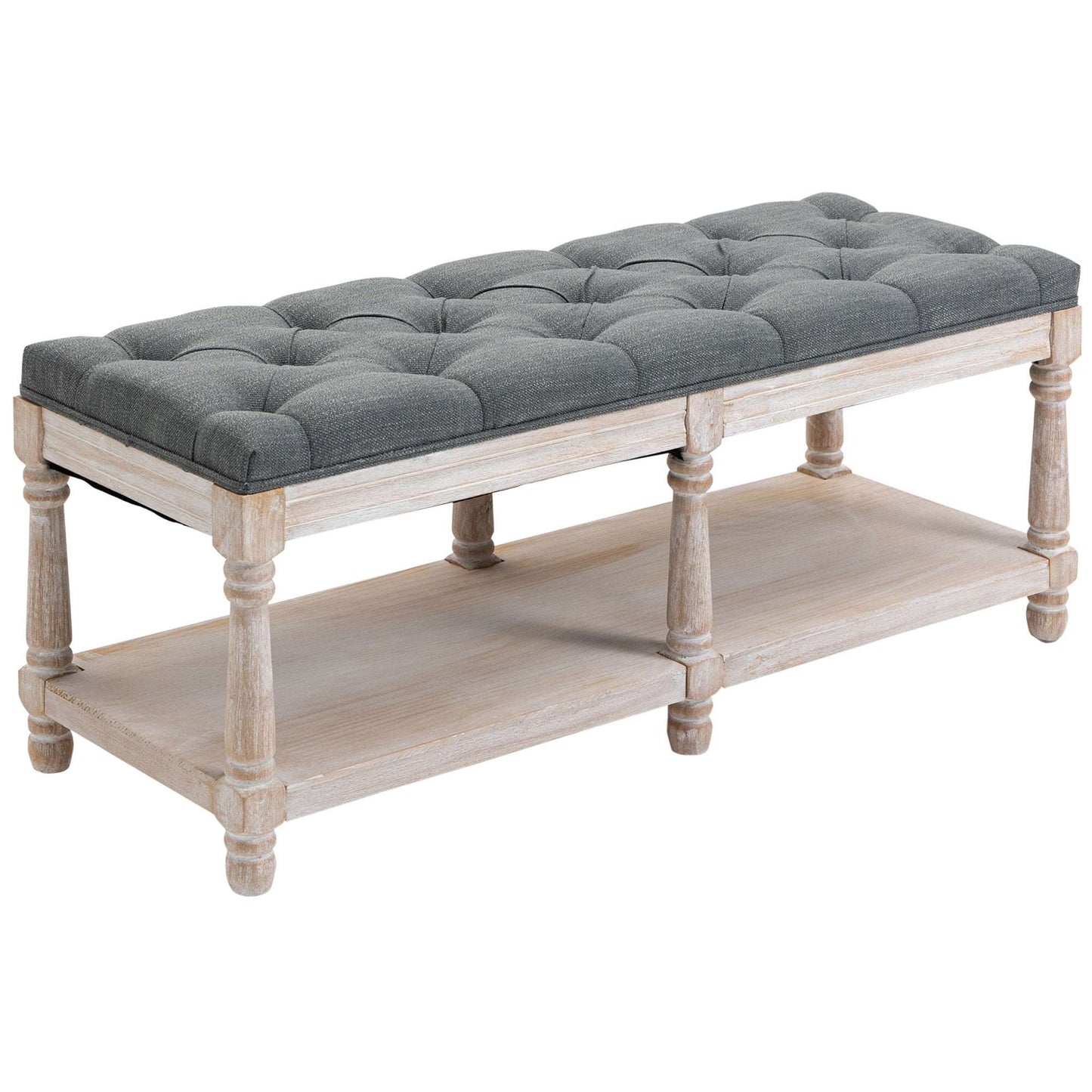 2 Tier Shoe Rack Bench with Button Tufted Upholstered Cushion, Vintage Bed End Bench, Wooden Window Seat for Hallway, Living Room, Bedroom-Grey