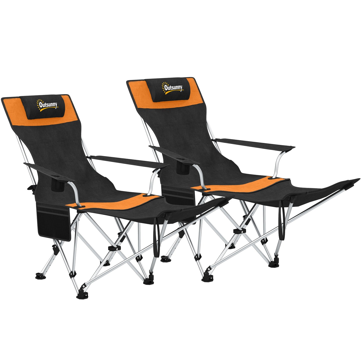 Set of 2 Reclining Folding Camping Camp Chair w/ Detachable Footrest, Storage Bag, Cup Holder & Headrest, Lightweight Portable for Beach, Picnic