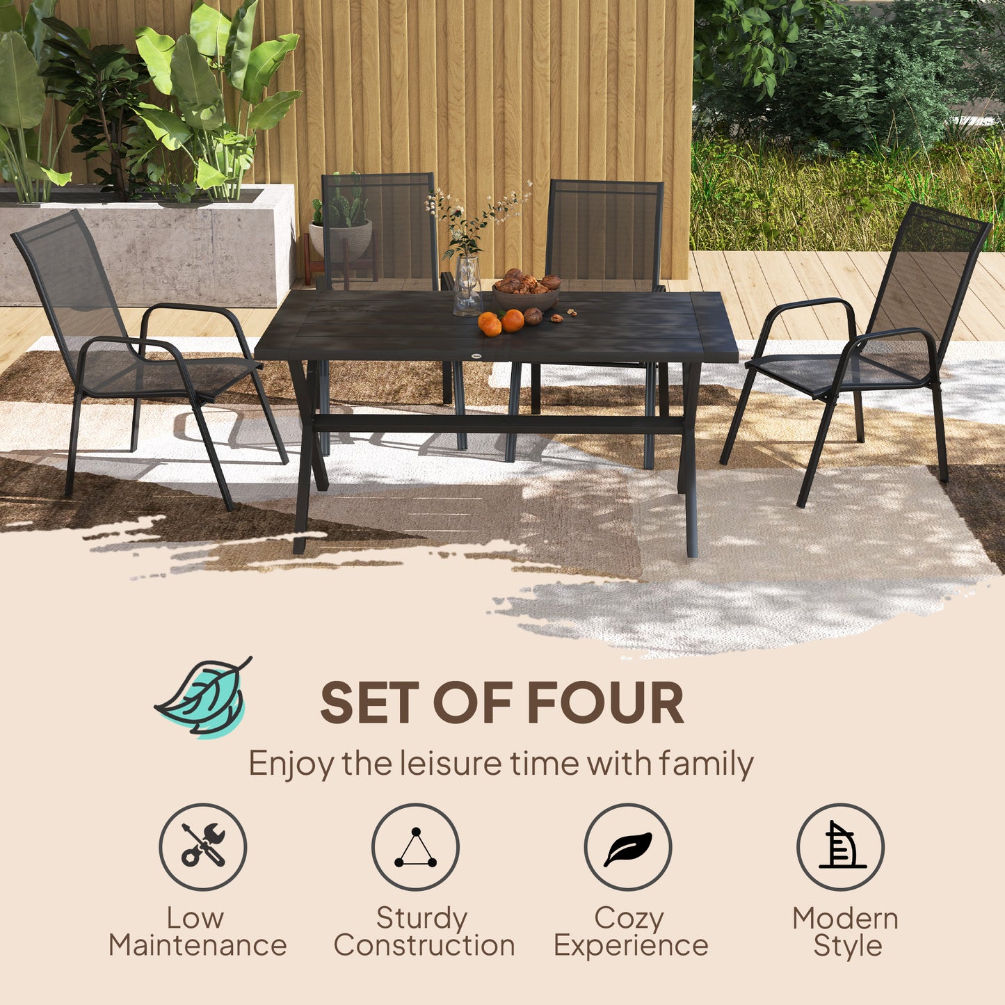 Outsunny Set of Four Stackable Mesh Seat Garden Outdoor Dining Chairs - Black