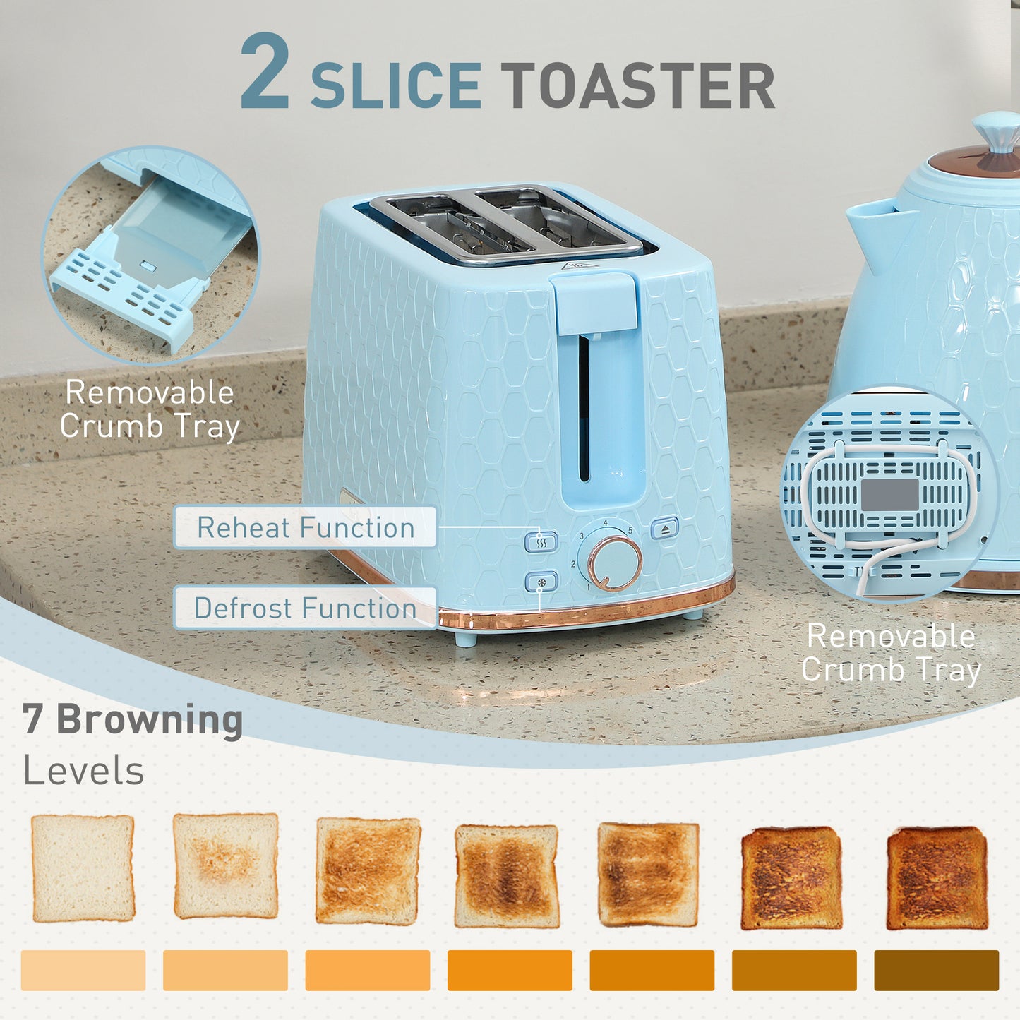 1.7L 3000W Fast Boil Kettle & 2 Slice Toaster Set, Kettle and Toaster Set with Auto Shut Off, Browning Controls