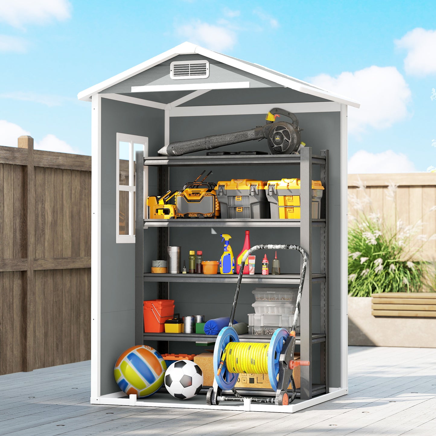 Compact PP & Aluminium Garden Storage Shed with Floor | Apex Roof | Latch Lock & Keys | Side Window | Vent | UV-Resistant | 40kg/m² Snow Rating | 128x104x196cm | Light Grey & White