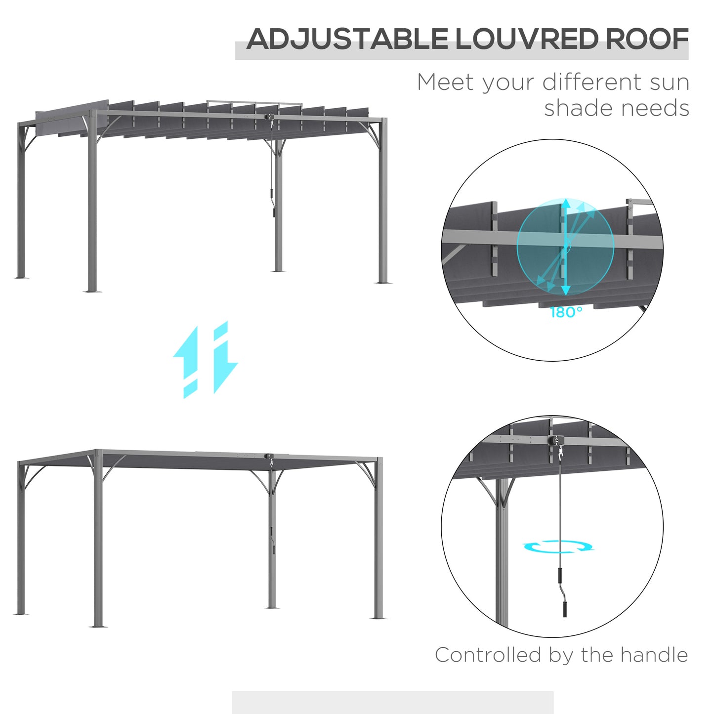 Outsunny 4 x 3(m) Outdoor Pergola with Retractable Roof, Aluminium Louvered Patio Gazebo Canopy, Grey