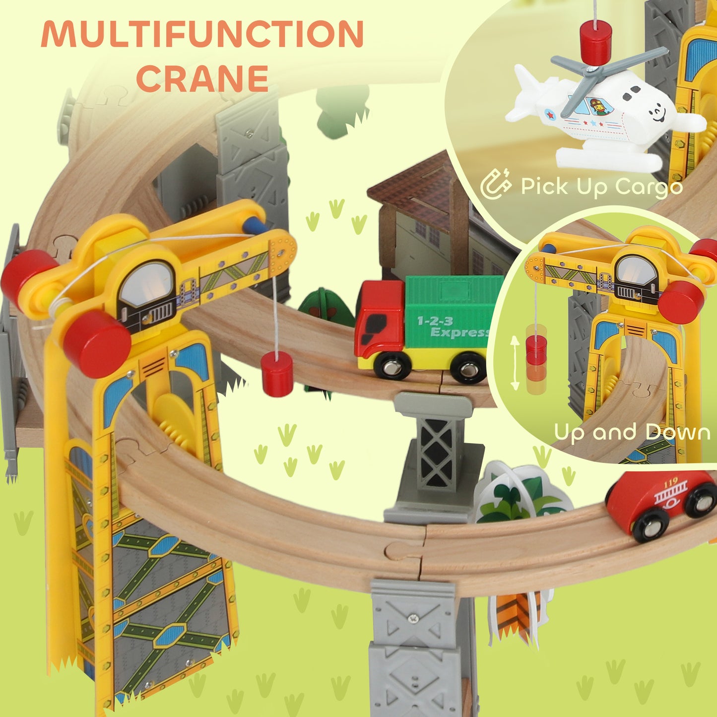 AIYAPLAY 100 Piece Wooden Train Set for Kids 3+ Years with Track, Crane, Battery Operated Train