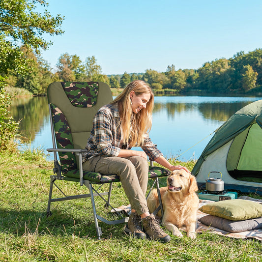 Padded Reclining Camping Chair | 175° Recline | 18D Foam | 600D Oxford | 200kg | Adjustable Height 45-58.5cm | 360° Pivoting Feet | Camouflage