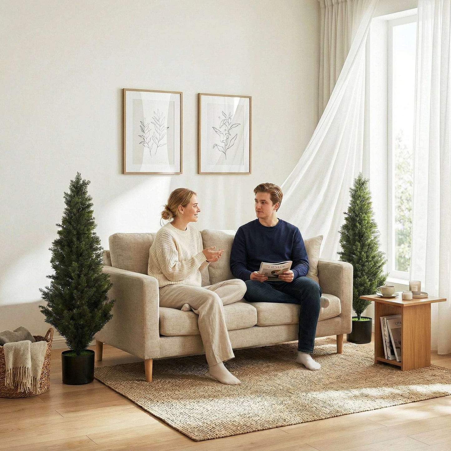 Set of 2 Artificial Cypress Trees | 120cm | 1092 PE Leaves | Shapeable Branches | Cement Base | No Maintenance | Green