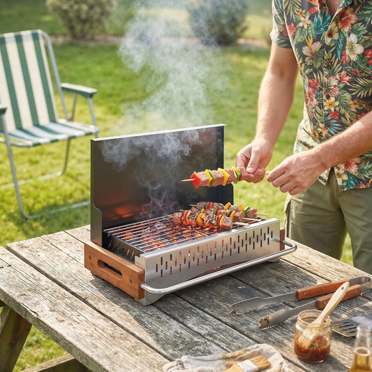 Outsunny Portable Folding Charcoal BBQ Grill – Briefcase Design, 6.7cm Slim, 0.08m² Chrome Grate, Removable Enamel Basin, For Camping, Picnic & Garden, Black