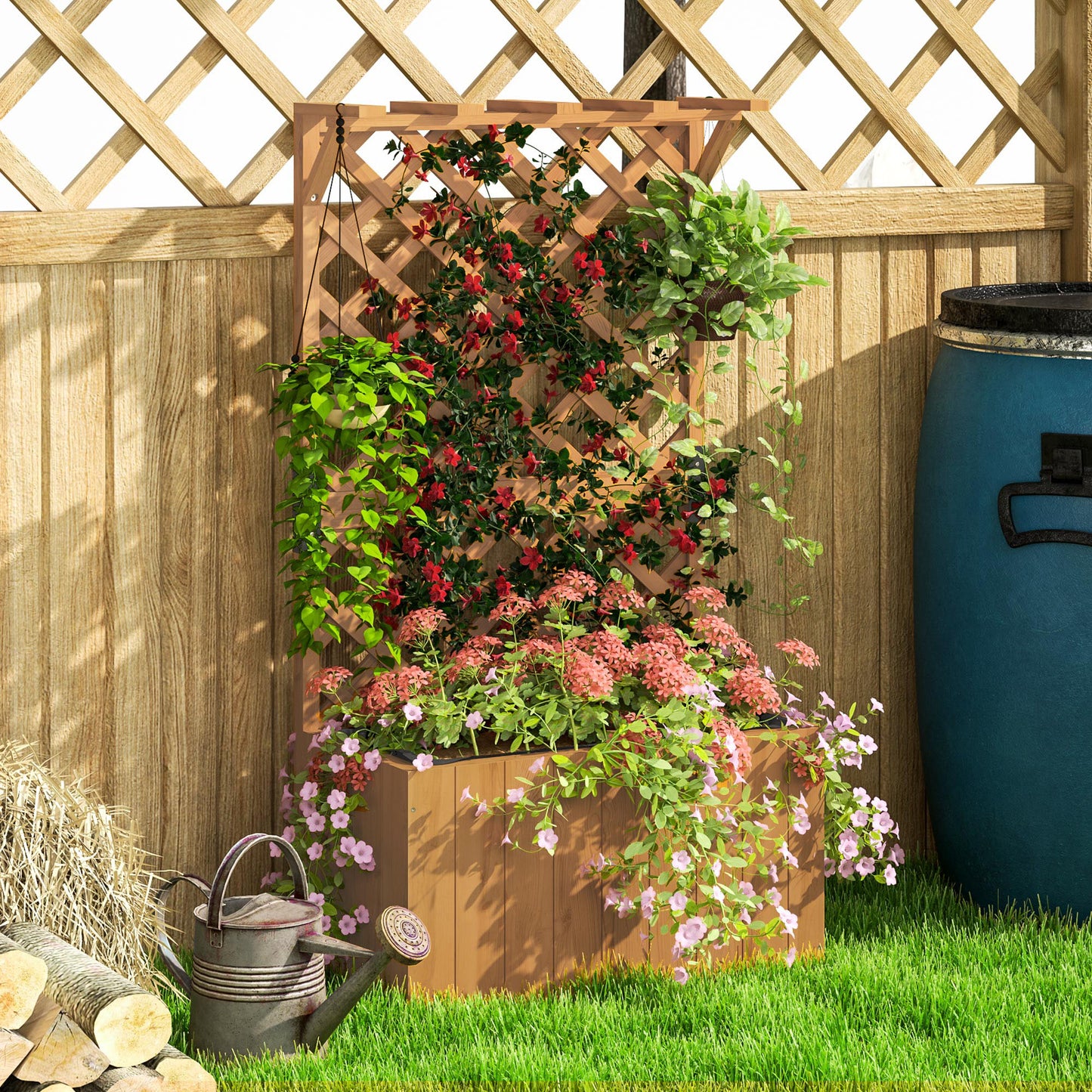 Wooden Planter with Trellis, Freestanding Raised Garden Bed with Drainage Holes, Outdoor Planter Box with Liner for Vegetables, Herbs and Flowers