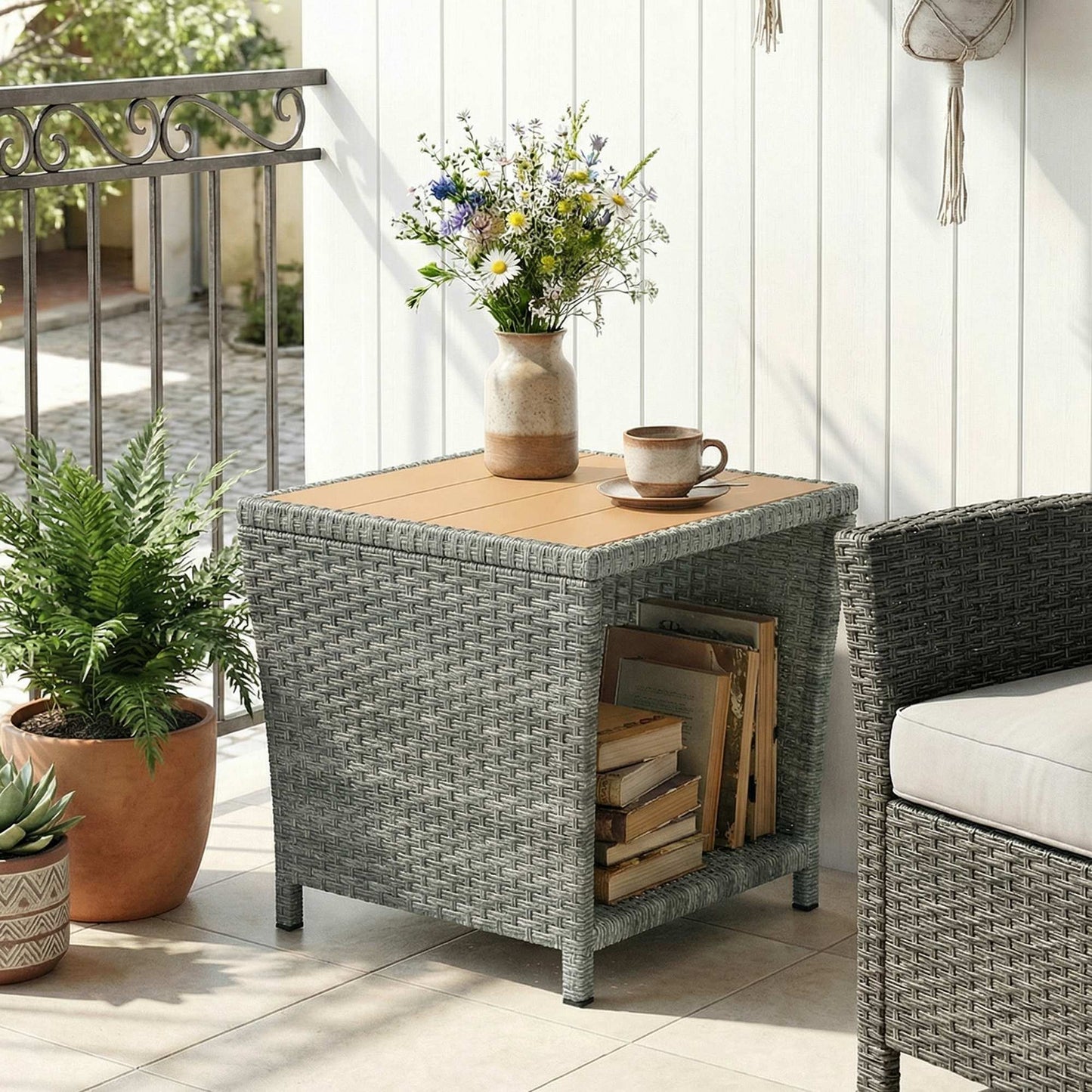 2-Tier Outdoor Rattan Side Table | PS Wood-Plastic Slat Top | PE Wicker | Powder-Coated Frame | UV-Resistant | 50kg | 45x45x43cm | Light Grey