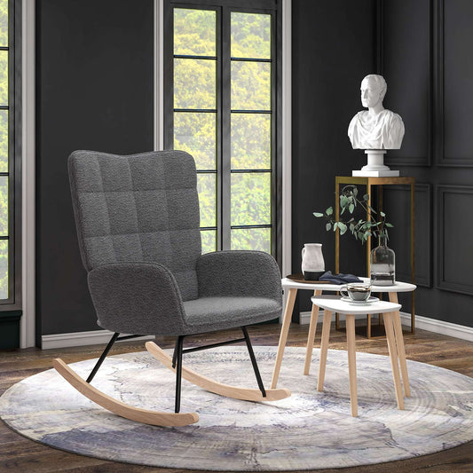 Wingback Rocking Chair & 2 Nesting Coffee Tables Set | Soft Fleecy Upholstery | High Back | Wooden Rocking Base | Scandi-Style Legs | MDF Tabletops | 120kg Capacity | White & Dark Grey