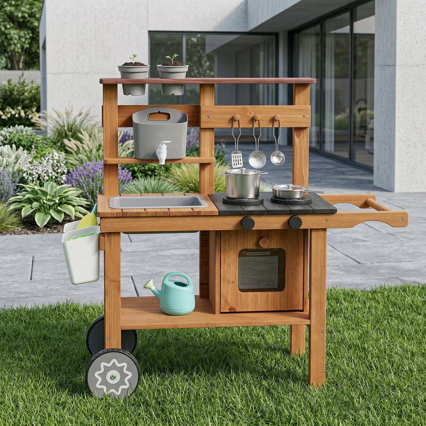 Children's Wooden Mud Kitchen with Wheels – Running Water Tap, Stove, Flower Pots & 12 Stainless Steel Accessories, Ages 3–6
