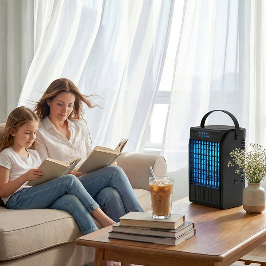 Portable Air Conditioner, 4-in-1 Mini Air Cooler with 4 Wind Speed, 2 Cool Mist, RGB 7 LED Light, Black / White