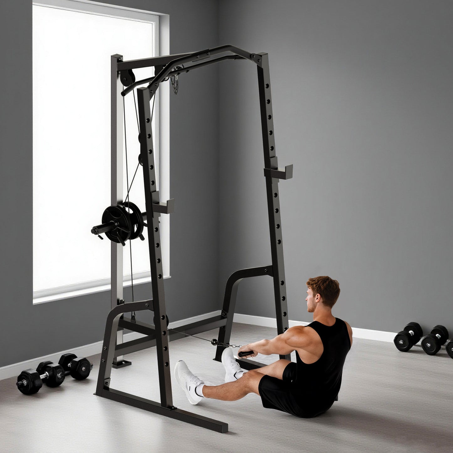 SPORTNOW Power Cage Rack with 15-Level Squat Rack, Cable Crossover Machine Pulley System, Pull up Stand and Push up Stand