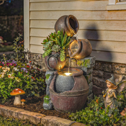 4-Tier Resin Waterfall Fountain with Built-In Planter | Warm White LED Lights | 3-Speed Adjustable Pump | 5W | 230V | 3m Cable | 31x30x59cm | Garden & Patio | Rustic Brown