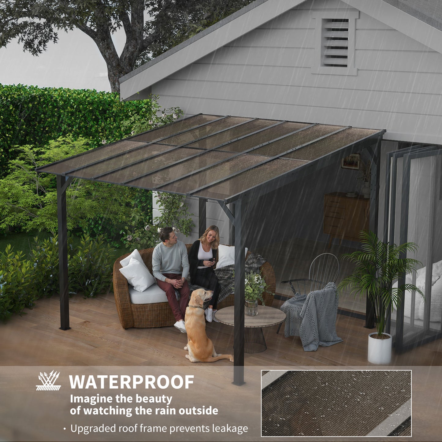 3 x 3(m) Metal Pergola with UPF 50+ and Waterproof Polycarbonate Roof, Wall-Mounted or Free Standing Garden Gazebo Outdoor Sun Shade