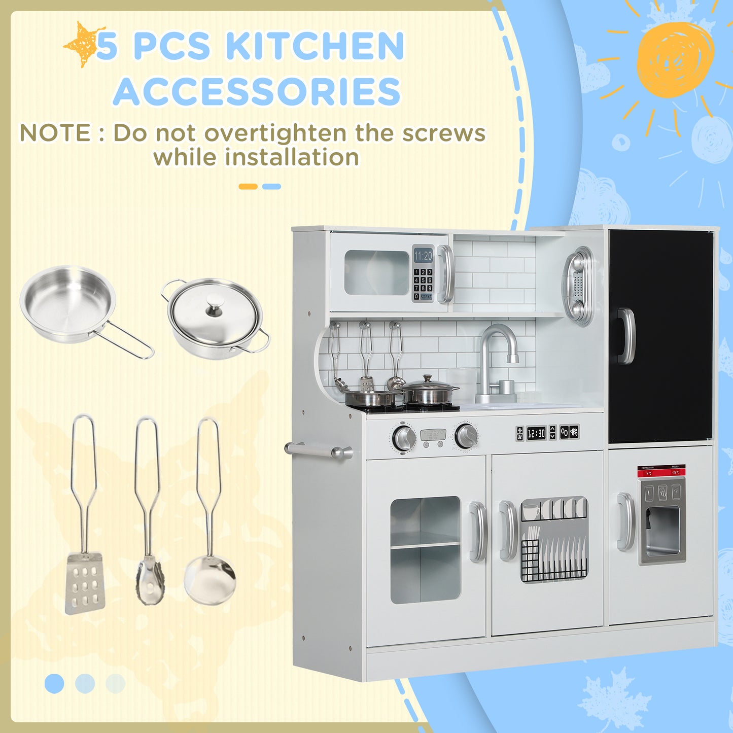 Pretend Play Kitchen, Kids Kitchen Playset, with Toy Phone, Chalkboard, Microwave, Cooking Stove, Sink, White