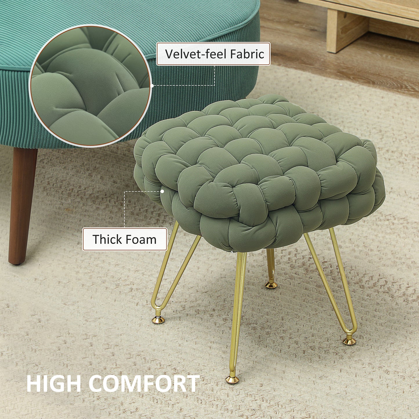Velvet-Feel Bold Woven Footstool - Green