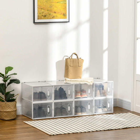 8 Piece Clear Shoe Box, Plastic Stackable Shoe Storage Box for UK/EU Size up to 12/46 with Magnetic Door for Women/Men, 28 x 36 x 21cm