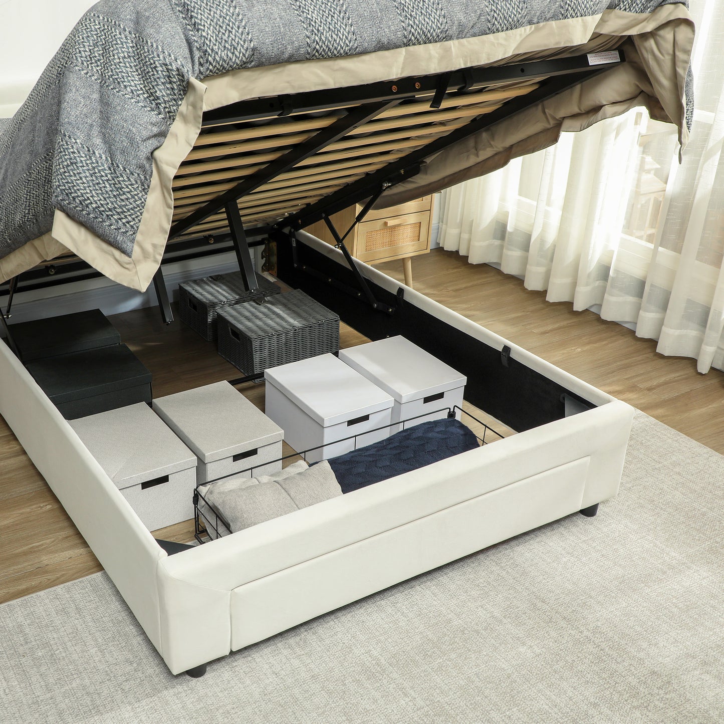 Double Ottoman Bed Frame, with Front Drawer - Cream / Black