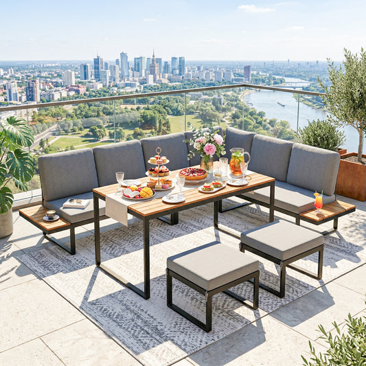6-Piece Modular Garden Sofa Set | Dining Table | 8cm Cushions | Seats 6-8 | Grey