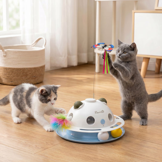 4-in-1 Interactive Cat Toy | Spinning Butterfly | Shooting Feathers | Catnip Balls | Auto Standby | USB & Battery