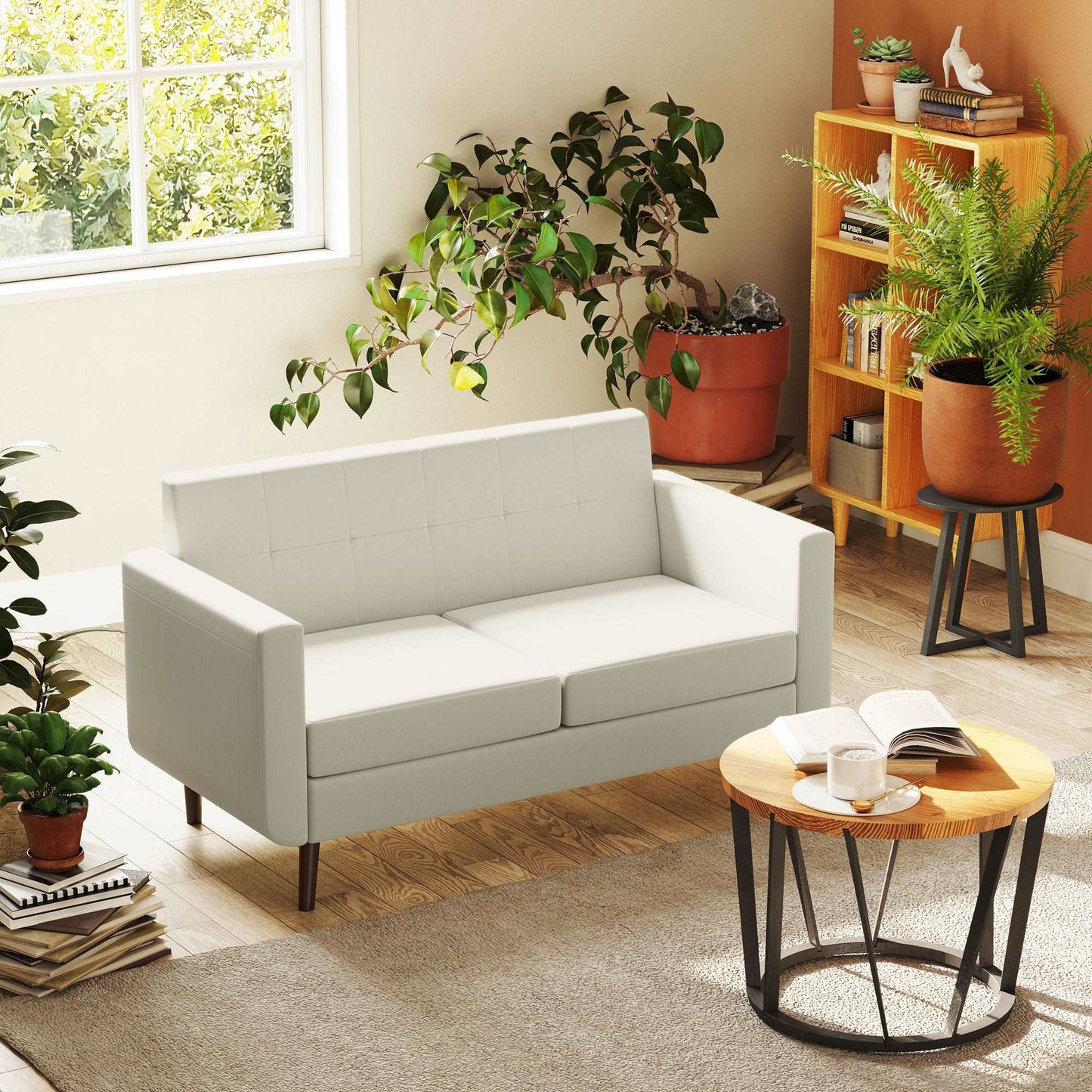 2 Seater Sofa, Modern Tufted Fabric Couch, Upholstered Loveseat, Wood Legs for Small Space, Living Room, Bedroom, Office, Cream White