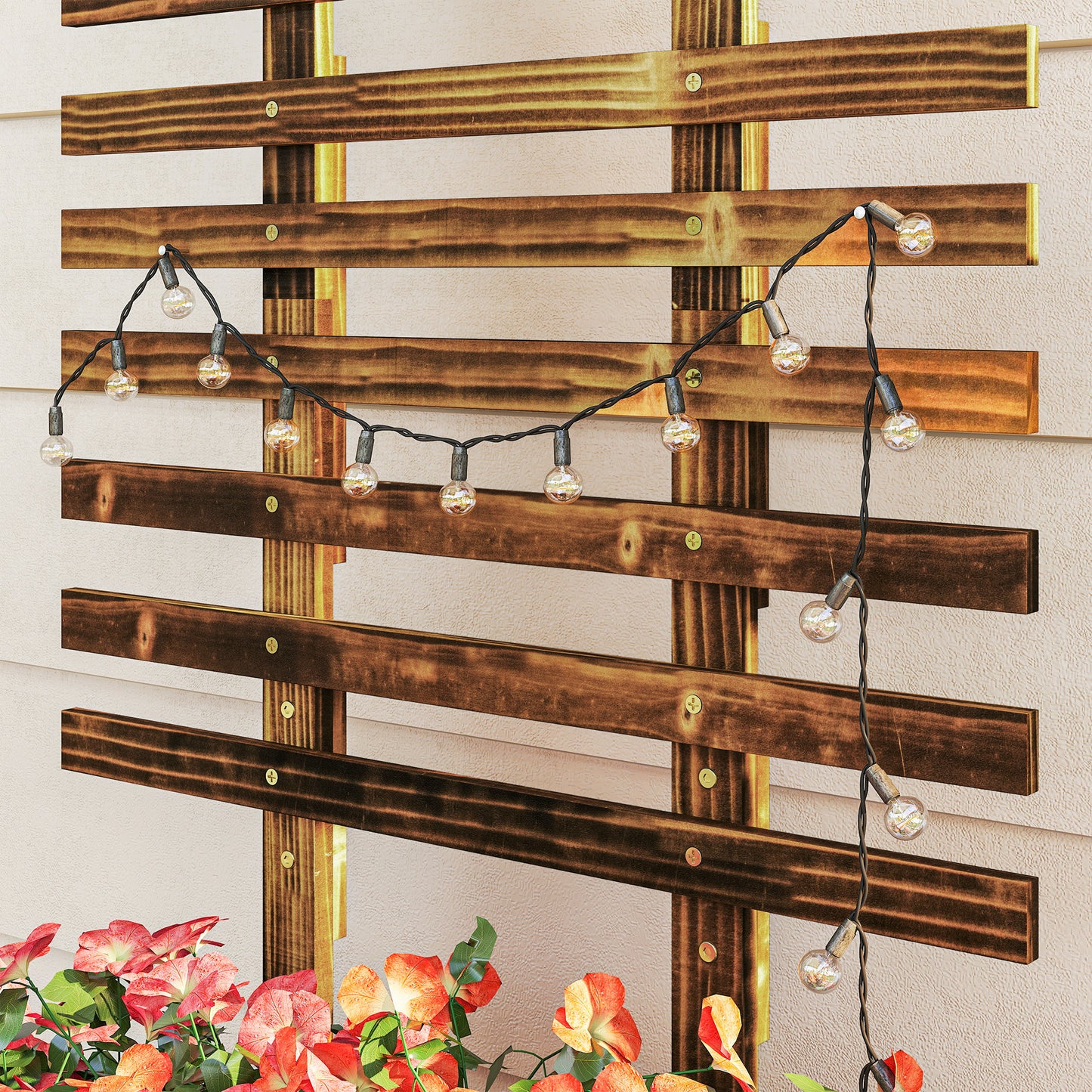 Carbonised Wood Raised Planter with Ladder Trellis | Reinforced Metal Corners | 4 Wheels 2 Lockable | Non-Woven Liner | Drainage Holes | 35kg Capacity | 65x31x147cm | Carbonised