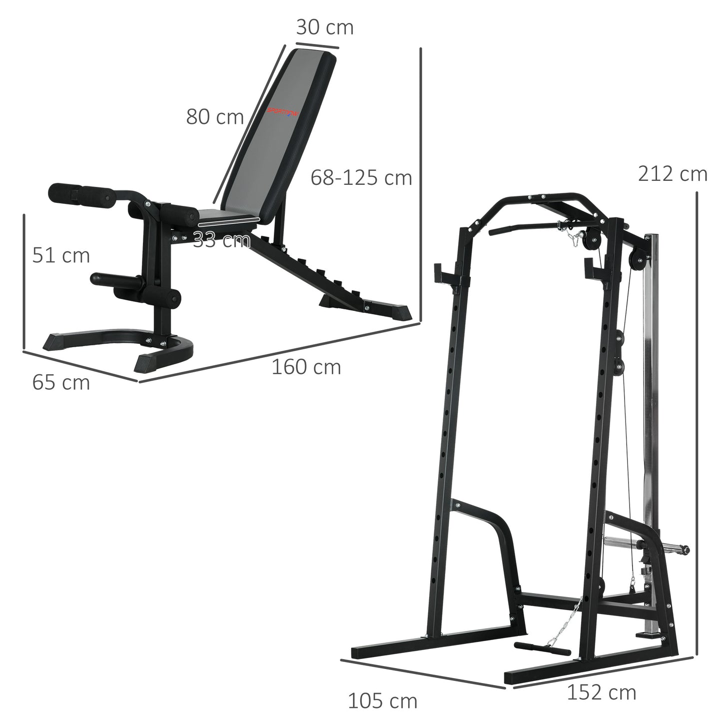 Smith Machine & Cable Pulley System with Adjustable Weight Bench, Multifunction Home Gym Power Rack with Lat Pull Down System, Barbell Rack