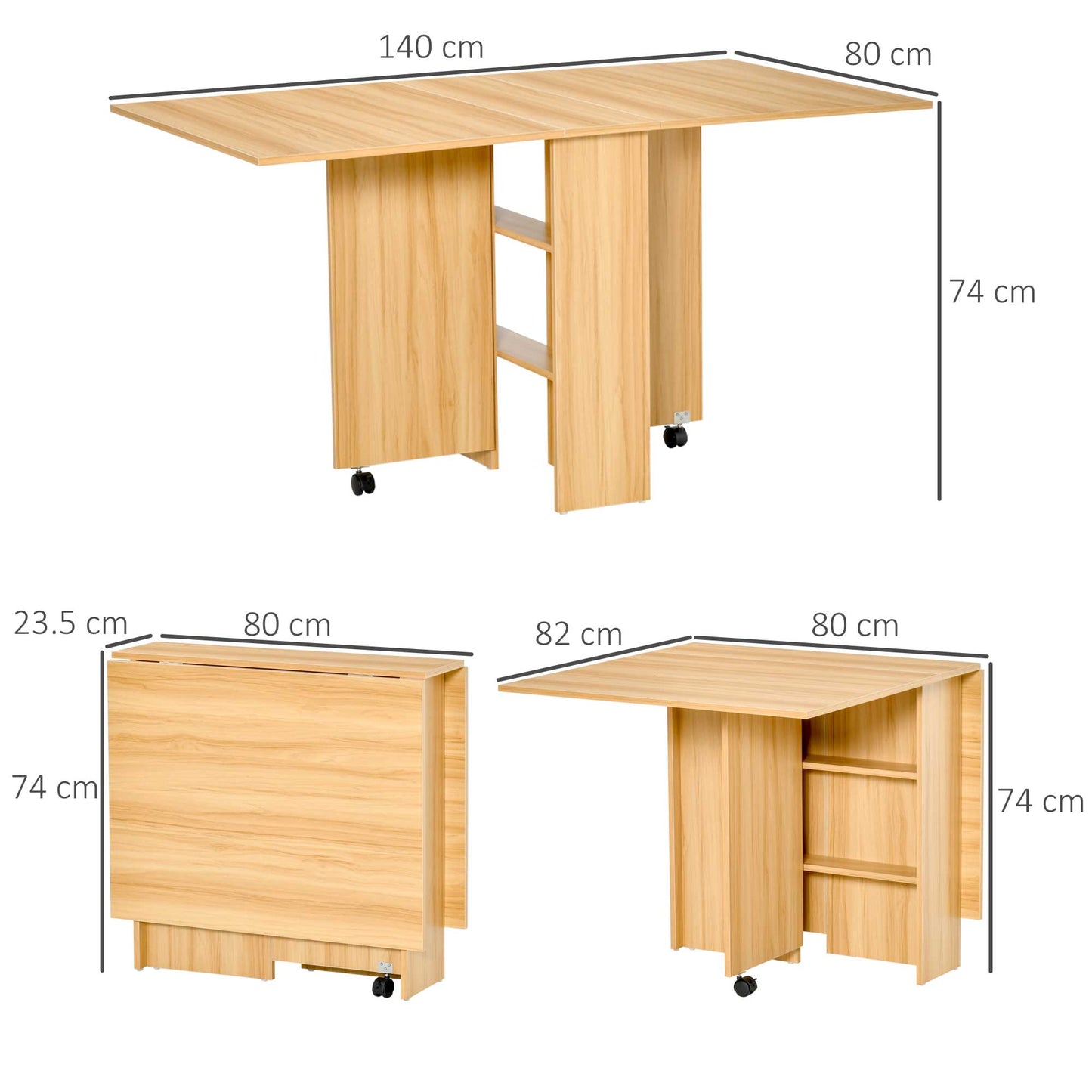 Retro Style Folding Dining Table, Drop Leaf Table for Small Spaces, Foldable Rectangular Tabletop with Storage Shelves for Kitchen, Dining Room, Teak