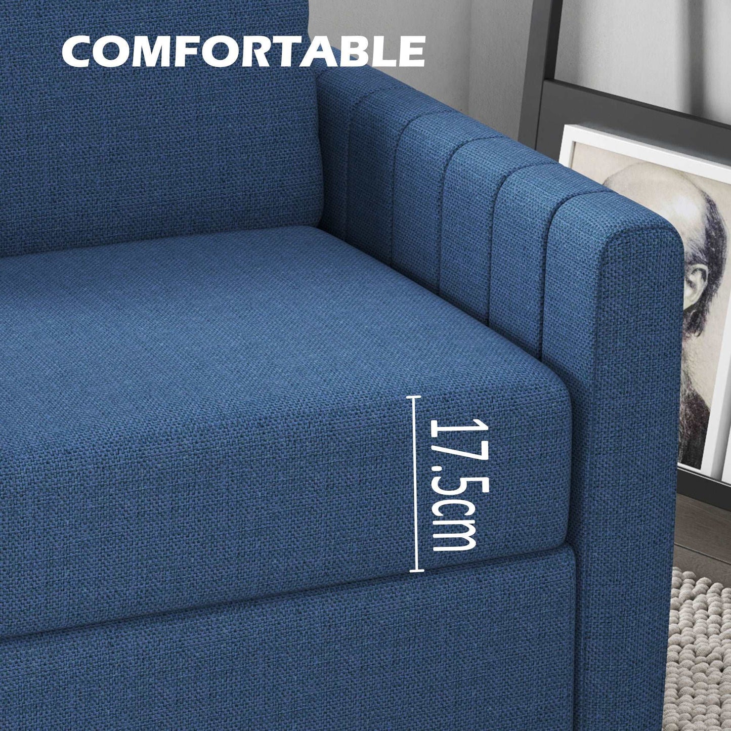 2 Seater Sofa, Channel Tufted Modern Fabric Couch, Comfy Upholstered Loveseat with Spring Cushion, Back Pillow, for Living Room - Blue